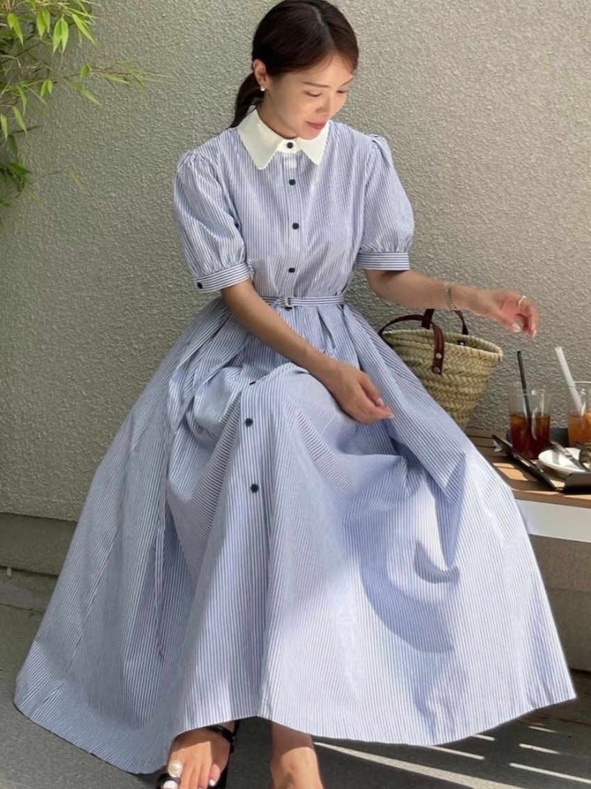 فستان أنيق بتصميم عتيق مخطط مع - مراجعة Corset Waist Cinch وسعره